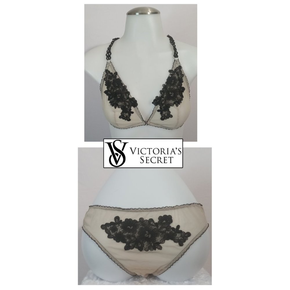 Victoria's Secret DREAM ANGELS Embroidered Set Razorback Black & Nude Sz M
